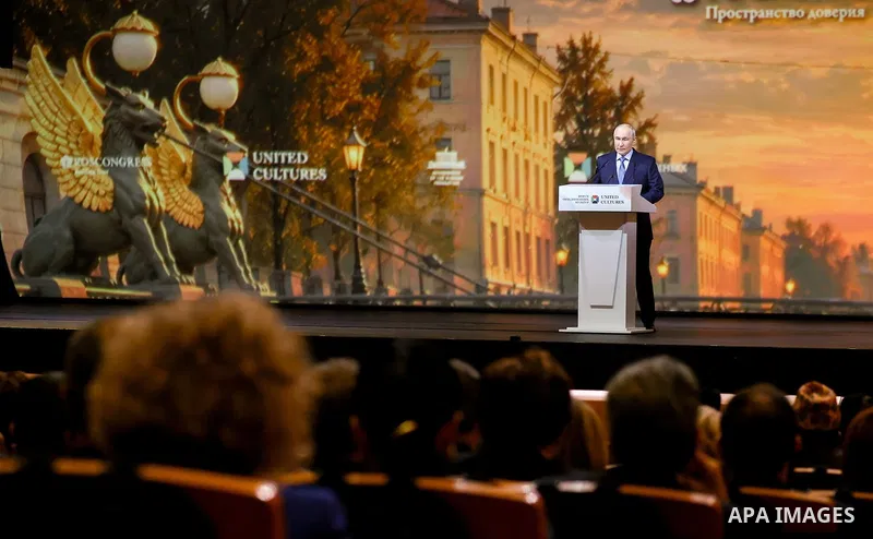 Russian President Vladimir Putin delivers a speech during the 12th St. Petersburg International Forum of United Cultures in St. Petersburg, Russia, on September 25, 2026. The forum, held from September 24 to 26, brings t...