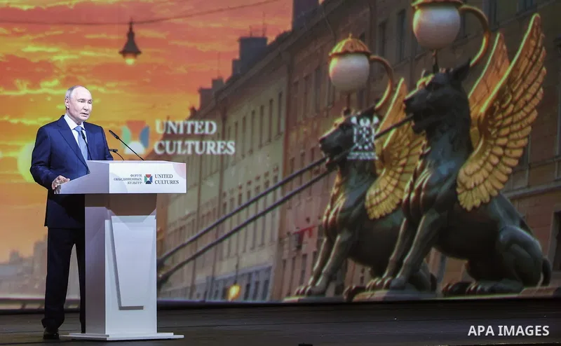 Russian President Vladimir Putin delivers a speech during the 12th St. Petersburg International Forum of United Cultures in St. Petersburg, Russia, on September 25, 2026. The forum, held from September 24 to 26, brings t...