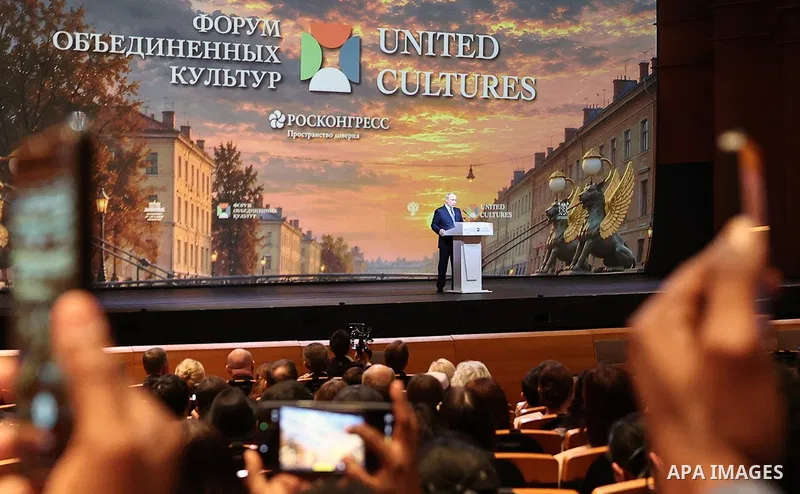 Russian President Vladimir Putin delivers a speech during the 12th St. Petersburg International Forum of United Cultures in St. Petersburg, Russia, on September 25, 2026. The forum, held from September 24 to 26, brings t...