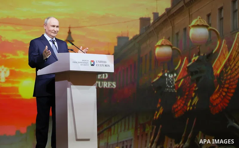 Russian President Vladimir Putin delivers a speech during the 12th St. Petersburg International Forum of United Cultures in St. Petersburg, Russia, on September 25, 2026. The forum, held from September 24 to 26, brings t...