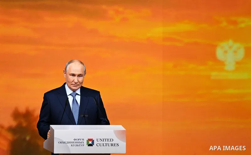 Russian President Vladimir Putin delivers a speech during the 12th St. Petersburg International Forum of United Cultures in St. Petersburg, Russia, on September 25, 2026. The forum, held from September 24 to 26, brings t...