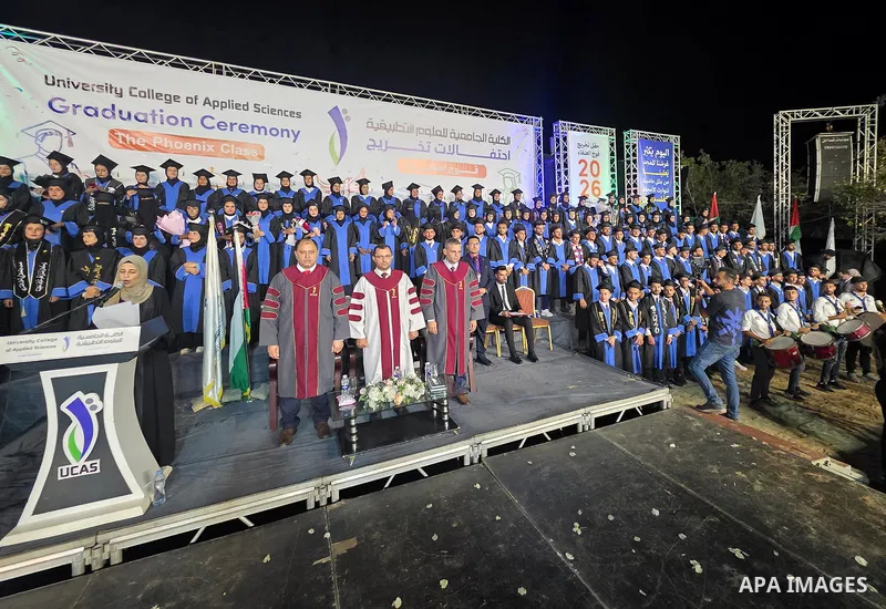 Students attend a graduation ceremony for 180 graduates of the University College of Applied Sciences, as part of the “Phoenix” graduating class, in Khan Younis, southern Gaza Strip, on September 27, 2026. The ceremony c...