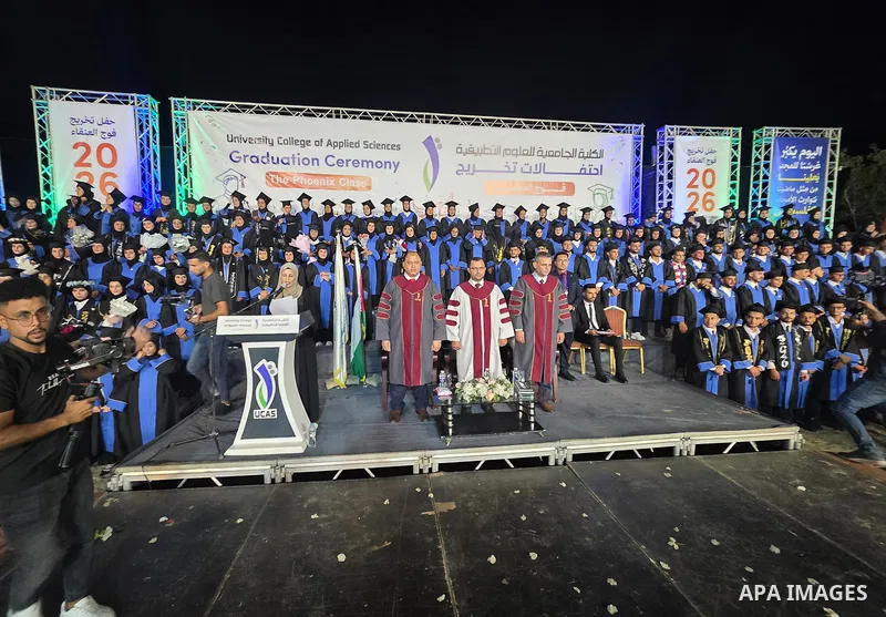 Students attend a graduation ceremony for 180 graduates of the University College of Applied Sciences, as part of the “Phoenix” graduating class, in Khan Younis, southern Gaza Strip, on September 27, 2026. The ceremony c...