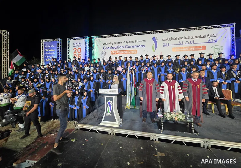 Students attend a graduation ceremony for 180 graduates of the University College of Applied Sciences, as part of the “Phoenix” graduating class, in Khan Younis, southern Gaza Strip, on September 27, 2026. The ceremony c...