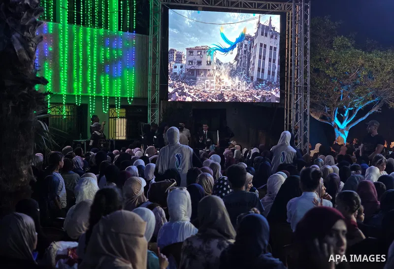 Students attend a graduation ceremony for 180 graduates of the University College of Applied Sciences, as part of the “Phoenix” graduating class, in Khan Younis, southern Gaza Strip, on September 27, 2026. The ceremony c...