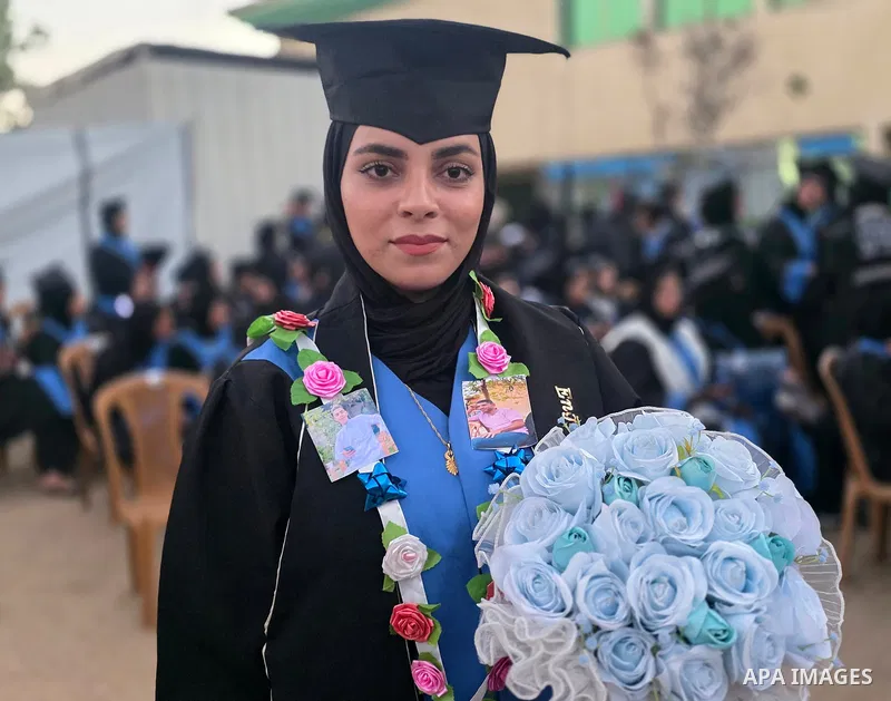 Students attend a graduation ceremony for 180 graduates of the University College of Applied Sciences, as part of the “Phoenix” graduating class, in Khan Younis, southern Gaza Strip, on September 27, 2026. The ceremony c...