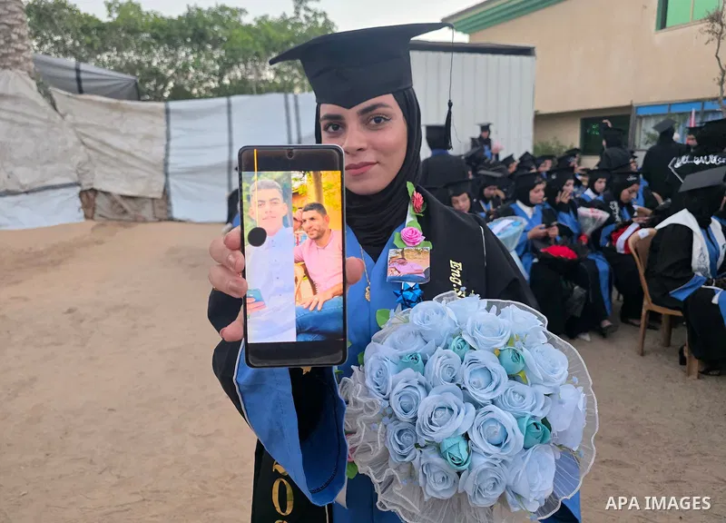 Students attend a graduation ceremony for 180 graduates of the University College of Applied Sciences, as part of the “Phoenix” graduating class, in Khan Younis, southern Gaza Strip, on September 27, 2026. The ceremony c...