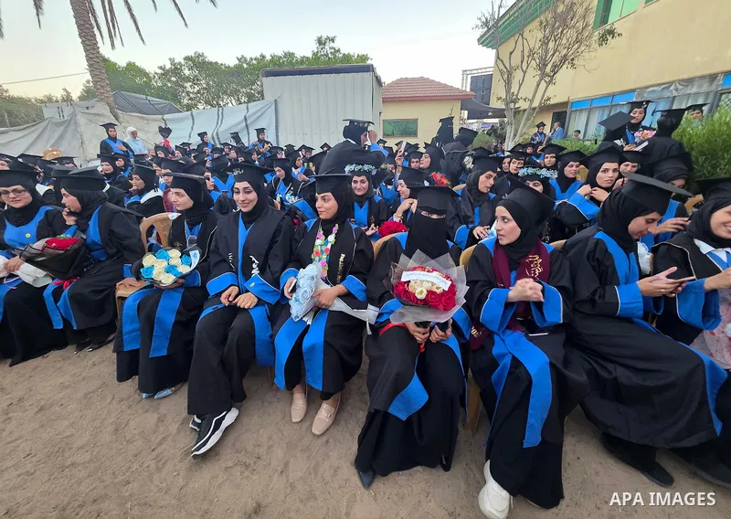 Students attend a graduation ceremony for 180 graduates of the University College of Applied Sciences, as part of the “Phoenix” graduating class, in Khan Younis, southern Gaza Strip, on September 27, 2026. The ceremony c...