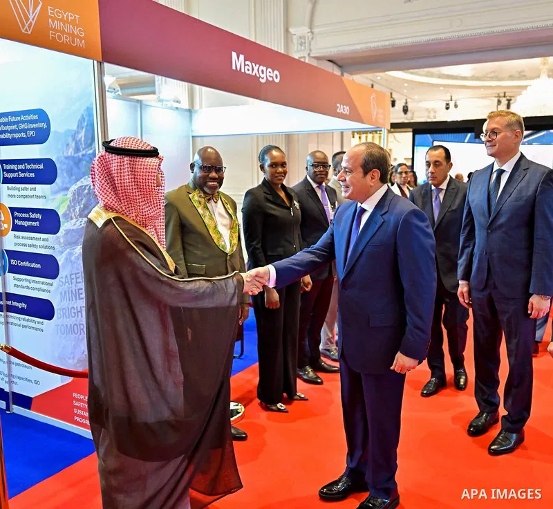 Egyptian President Abdel Fattah El-Sisi attends the opening of the Egypt Mining Forum in the New Capital, Egypt, on September 28, 2026, alongside Prime Minister Mostafa Madbouly and Minister of Petroleum and Mineral Reso...
