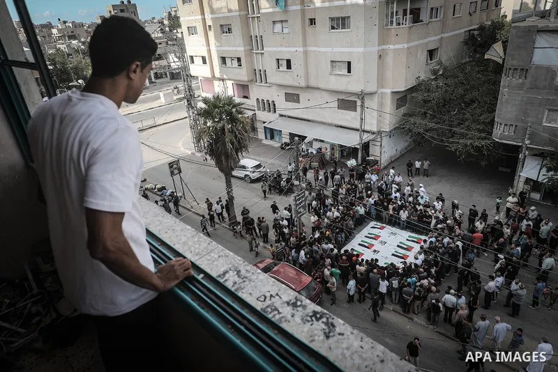Palestinians attend the funeral of ten members of the al-Thawabta family in al-Bureij refugee camp, central Gaza Strip, on September 29, 2026, after their bodies were recovered from beneath the rubble of the Engineers To...