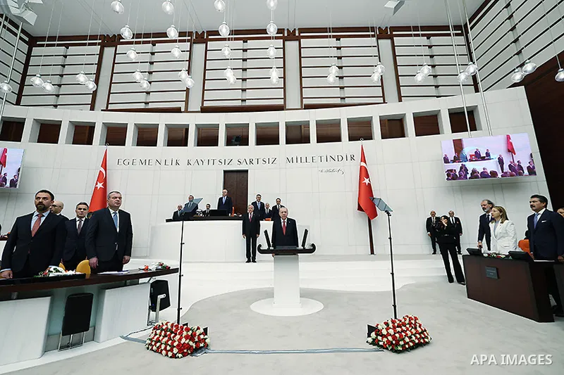 Turkish President Recep Tayyip Erdogan delivers a speech during the opening of the fifth legislative year of the 28th term of the Grand National Assembly of Turkey in Ankara on October 1, 2026. Erdogan said the “Terror-F...