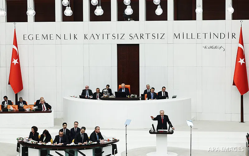 Turkish President Recep Tayyip Erdogan delivers a speech during the opening of the fifth legislative year of the 28th term of the Grand National Assembly of Turkey in Ankara on October 1, 2026. Erdogan said the “Terror-F...