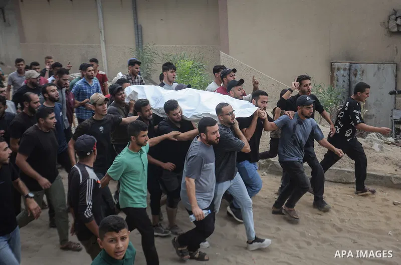 Palestinians attend the funeral of Mohammed al-Yazji, who was killed in an Israeli airstrike near al-Shifa Hospital in western Gaza City, on October 6, 2026. Photo by Mohammed Salha\ apaimages