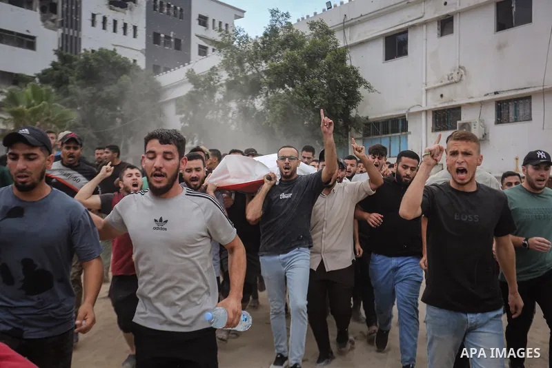 Palestinians attend the funeral of Mohammed al-Yazji, who was killed in an Israeli airstrike near al-Shifa Hospital in western Gaza City, on October 6, 2026. Photo by Mohammed Salha\ apaimages