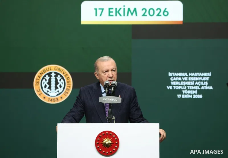 Turkish President Recep Tayyip Erdogan delivers a speech during a ceremony marking the inauguration of several projects and the groundbreaking of others at Istanbul University's hospitals in the Capa and Esenyurt distric...