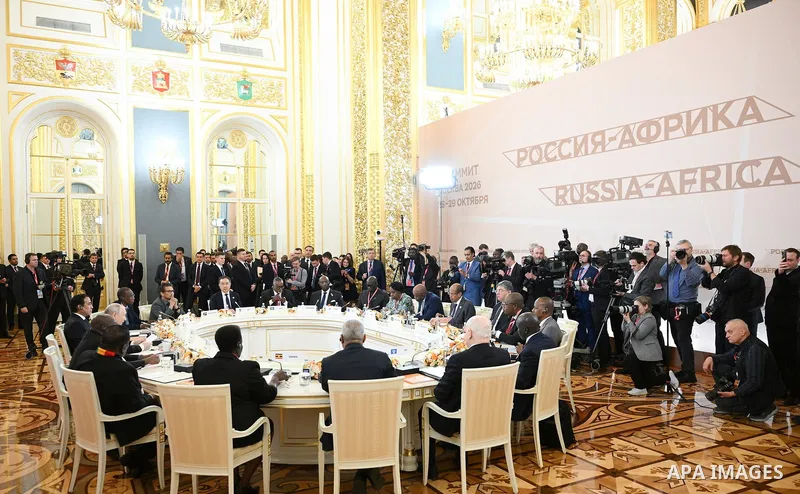 Russian President Vladimir Putin meets leaders of several African regional organizations in Moscow, Russia, on October 28, 2026, on the sidelines of the Russia-Africa Summit. Photo by Russian President official \ apaimag...