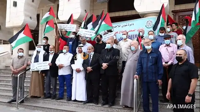 Members of the Department of Refugee Affairs in the Hamas movement, hold a press conference marking 73th anniversary of Nakba also known as Day of the Catastrophe in 1948, amid tensions mount between Israel and Palestini...