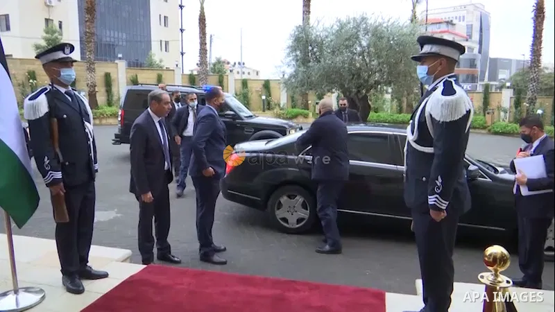 Palestinian Prime Minister Mohammed Ishtayyeh and Jordanian Prime Minister Bisher al-Khasawneh attend the meeting of the Palestinian-Jordanian Joint Higher Committee and sign agreements, in the West Bank city of Ramallah...