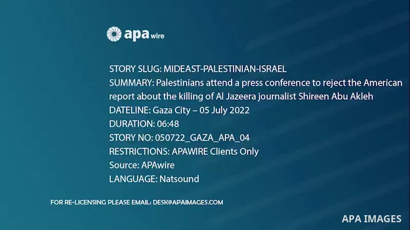 Palestinians attend a press conference to reject the American report about the killing of Al Jazeera journalist Shireen Abu Akleh said that she was likely to have been killed by gunfire from Israeli positions but it was...