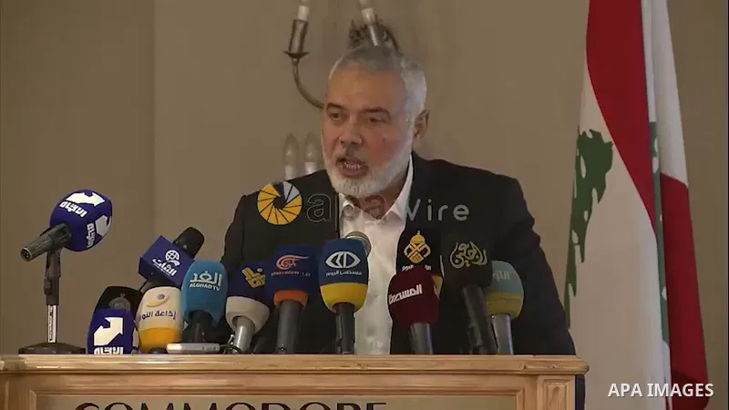 Head of the Hamas political bureau, Ismail Haniyeh speaks during the Islamic National Conference, in Beirut, Lebanon. Footage by /APA