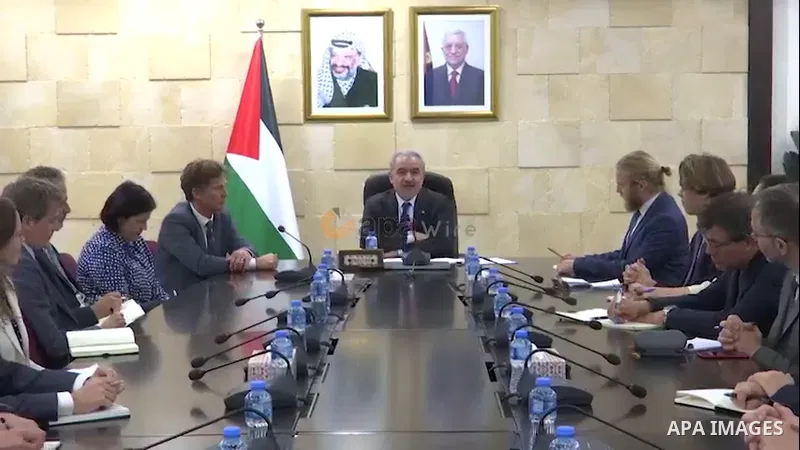 Palestinian Prime Minister Mohammed Ishtayeh meets with a delegation from the European Union missions, in the West Bank city of Ramallah. Footage by / APAwire