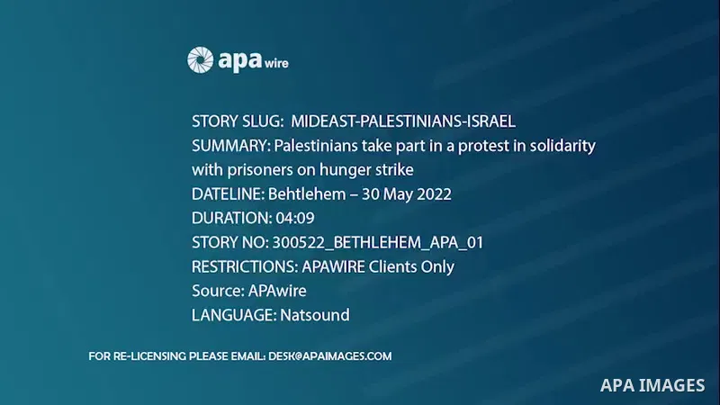 RRESTRICTION SUMMARY: APAwire CLIENTS ONLY SHOTLIST: APAwire - APAwire CLIENTS ONLY, Bethlehem- 30 May 2022. Palestinians take part in a protest in solidarity with prisoners on hunger strike in Israeli jails, in front of...