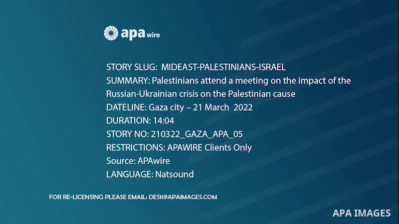 APAwire - APAwire CLIENTS ONLY, Gaza- 21 March. Palestinians attend a meeting on the impact of the Russian-Ukrainian crisis on the Palestinian cause, in Gaza city. 0.1