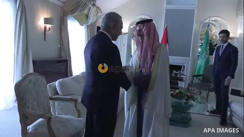 Palestinian Prime Minister Mohammad Shtayyeh meets with Saudi Foreign Minister Prince Faisal bin Farhan bin Abdullah Al Saud on the sidelines of the Munich Security Conference, in Munich, Germany, in Munich, Germany. Foo...
