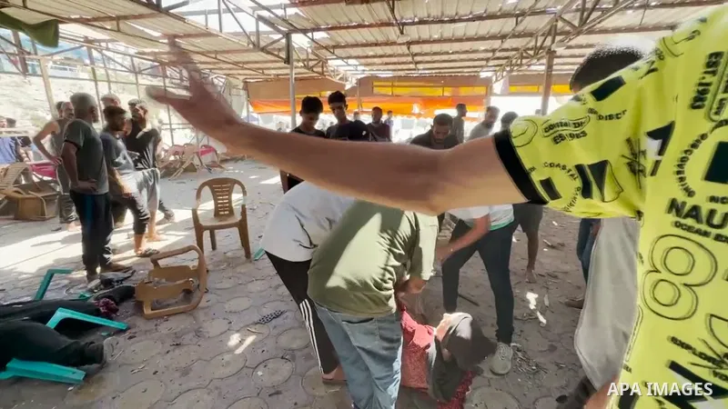 Restrictions Summary: APA wire clients only Shortlist: APAwire - APA wire clients only, Gaza city- June 30, 2025. Palestinians transferring the wounded and bodies after the Israeli bombing of a cafe shop on the Gaza City...