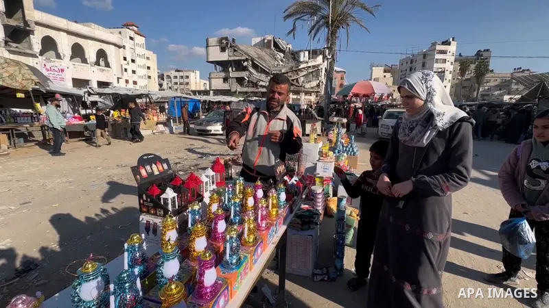 Palestinians are shopping as part of preparations for the holy month of Ramadan in the Al Zawiya Bazaar, located in the central part of Gaza, which was heavily destroyed by Israeli attacks, on February 27, 2025 in Gaza C...