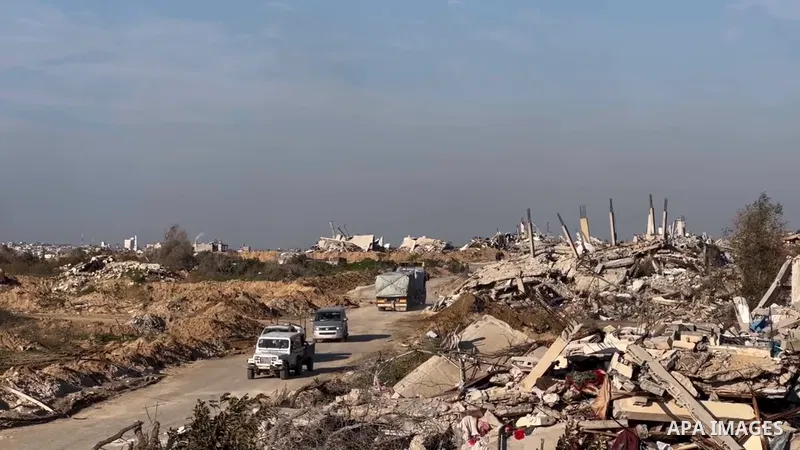 Humanitarian aid trucks continue to enter Gaza Strip and proceeded towards the distribution center following the ceasefire between Israel and Hamas in Gaza City, on February 16, 2025.