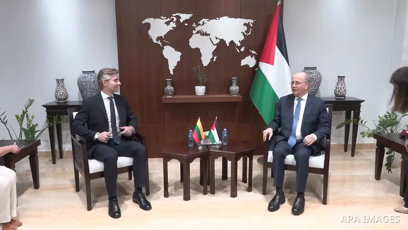 Restrictions Summary: APA wire clients only Shortlist: APAwire - APA wire clients only, Ramallah- West Bank- June 17, 2026. Palestinian Prime Minister Mohammad Mustafa meets with Lithuanian Foreign Minister Kęstutis Budr...