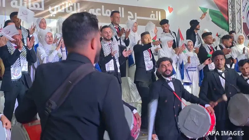 Restrictions Summary: APA wire clients only Shortlist: APAwire - APA wire clients only, Khan Younis- June 11, 2026. Palestinian brides and grooms take part in the collective wedding ceremony "Window of Hope" in Khan Youn...