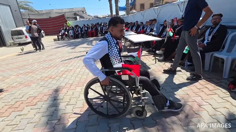 Restrictions Summary: APA wire clients only Shortlist: APAwire - APA wire clients only, Khan Younis- June 10, 2026. Forty Palestinian brides and grooms with disabilities, who were injured during the war, take part in a m...